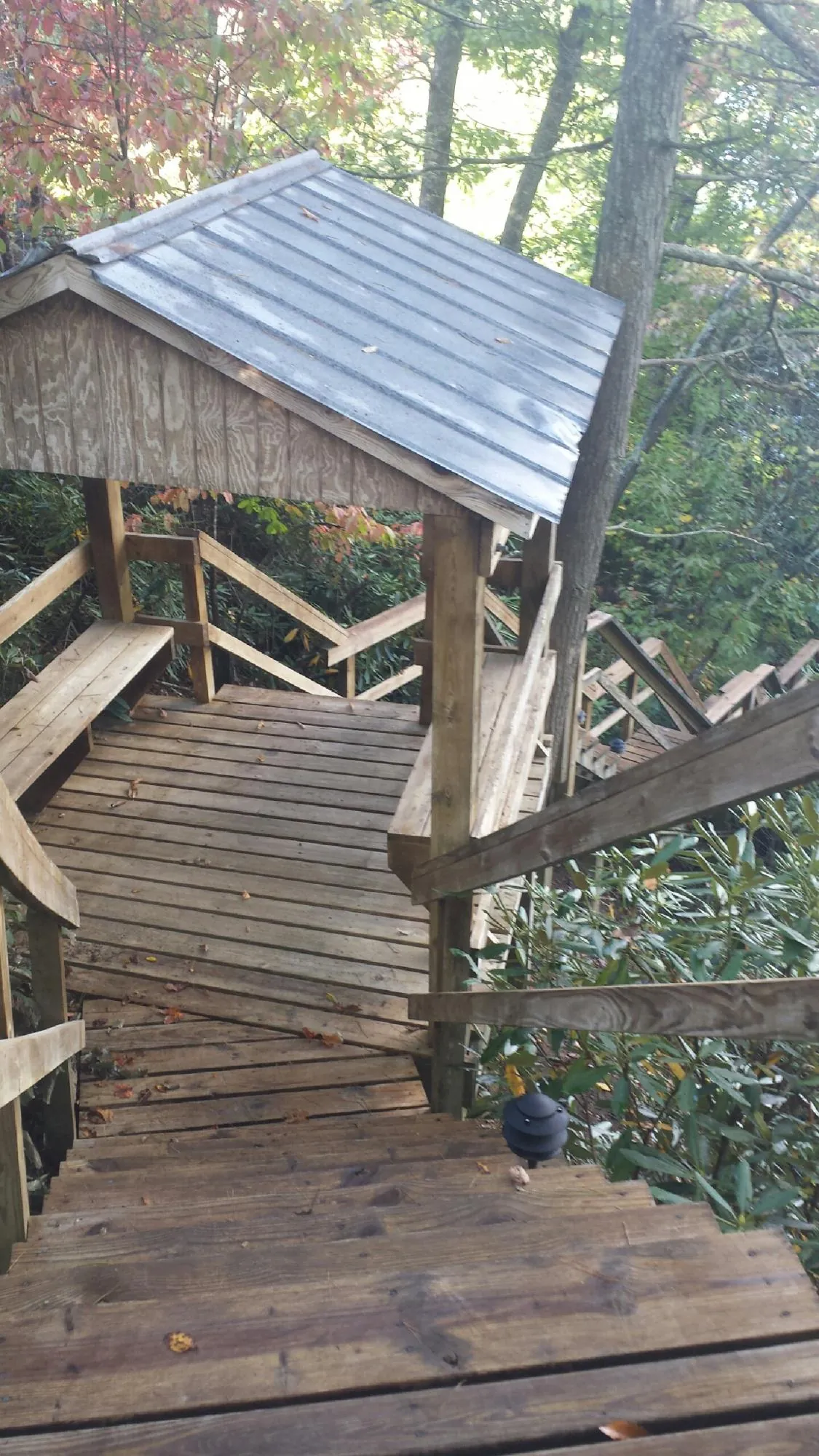 Metal roofed shelter over wooden steps on a wooded walkway — Skylight Repair & Installation work by our crew in Canyon Dam